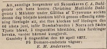 Ur Post & Inrikes Tidningar 16 april 1877