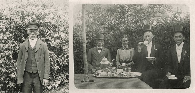 Gustaf Wilhelm Lekander. På andra bilden sitter från vänster Gustaf Lekander, hans dotter Sigrid Maria, okänd person och Gustaf och Emmas son Filemon. Filemon har just tagit sin lärarexamen omkring 1917, därför är alla uppklädda. Bilder från ancestry.se med tillstånd av Kerstin Lekander.