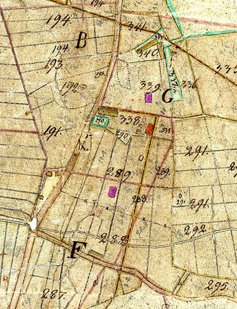 Karta från laga skiftet 1836. Sandered ligger på tomt nummer 338. Boningshuset är det röda huset.